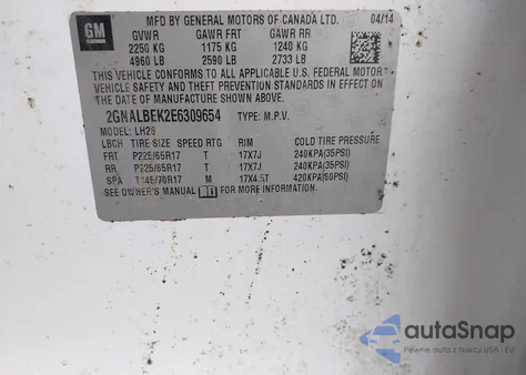 2014 Chevrolet Equinox 1Lt z USA, uszkodzony, nr VIN 2GNALBEK2E6309654